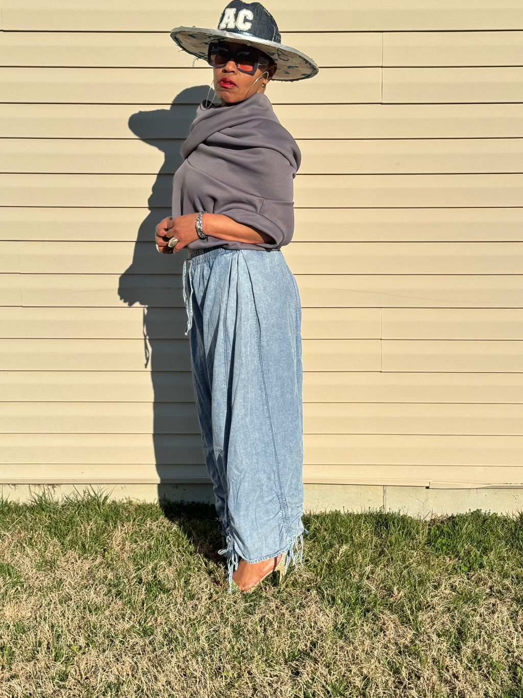 Denim Ruched Wide Leg Pants