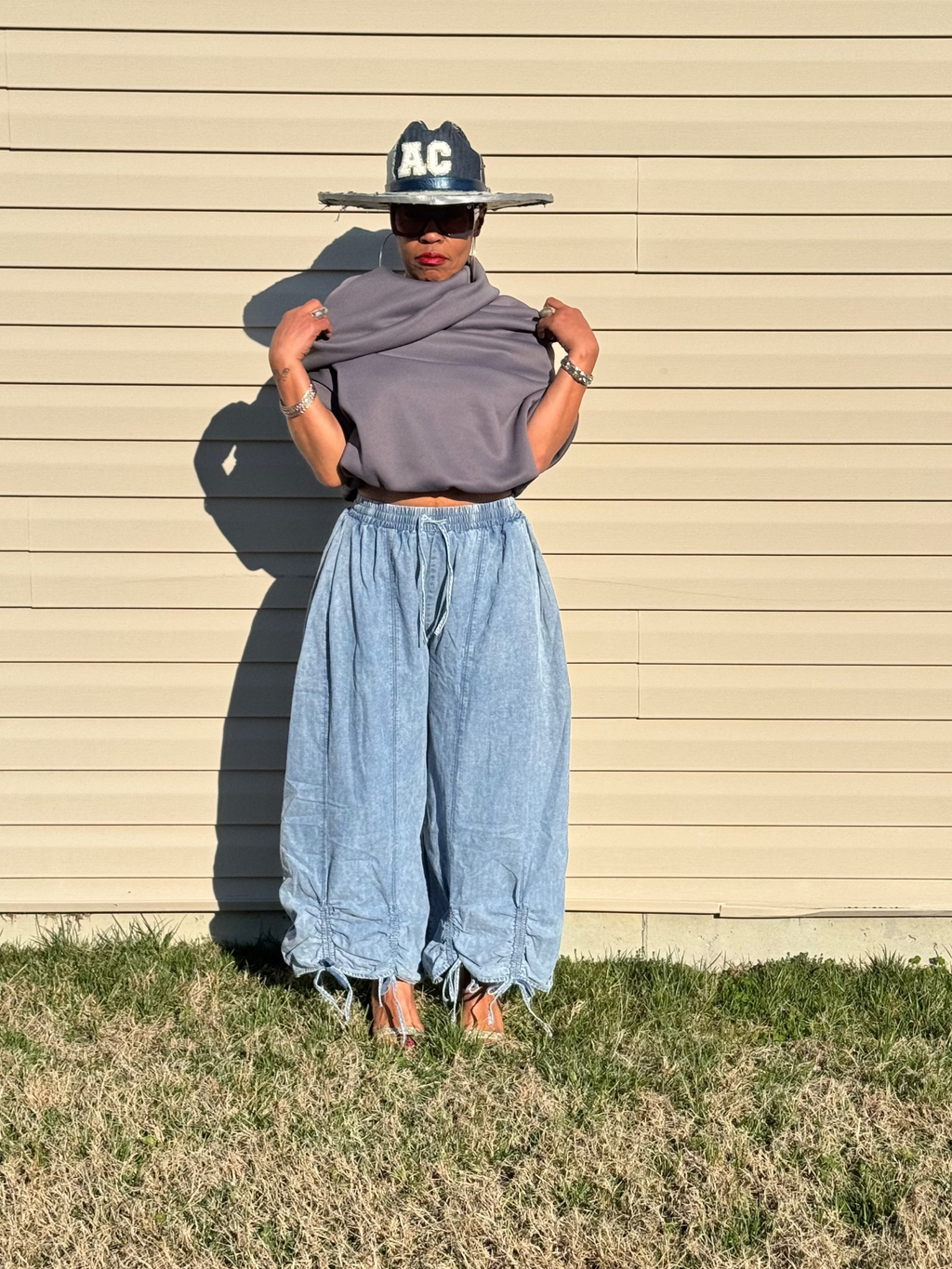 Denim Ruched Wide Leg Pants