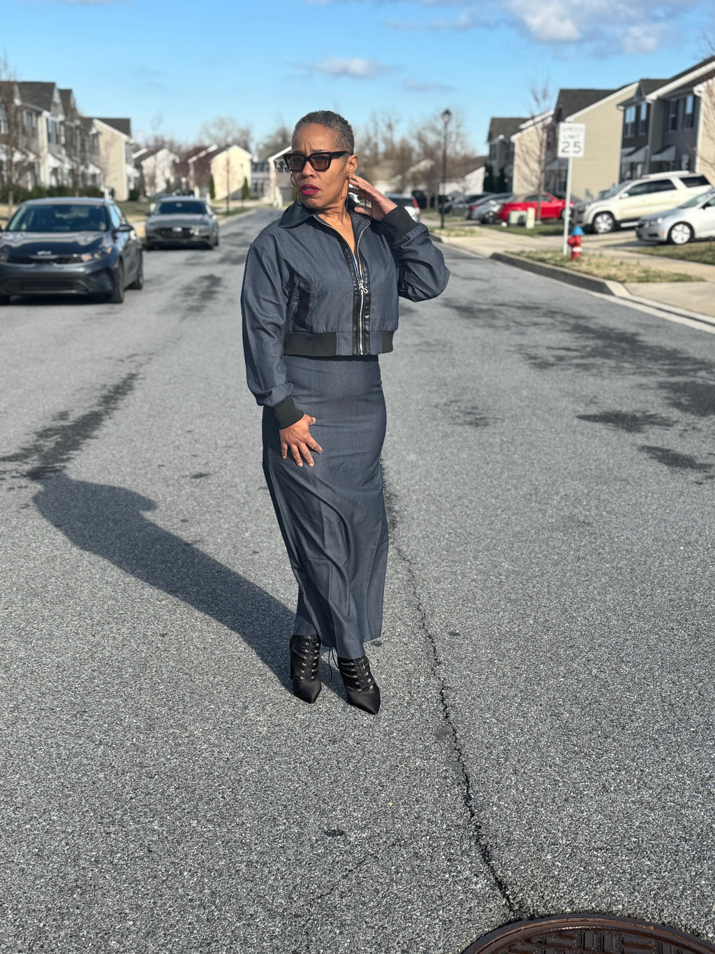 Two piece crop jacket skirt set