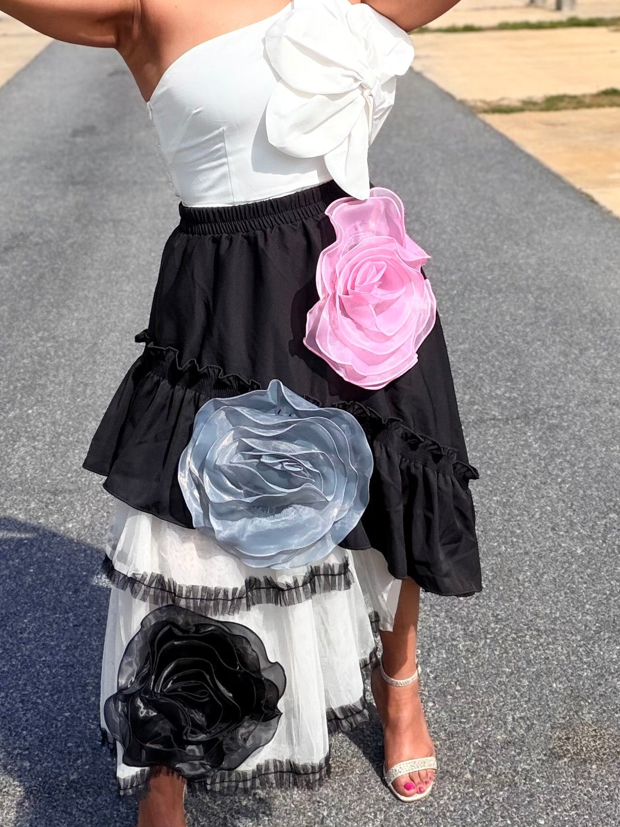 Flower Asymmetric Tulle Skirt